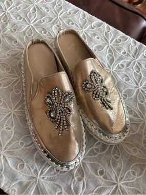 Adrienne Metallic Gold Beaded Slip-On Mules